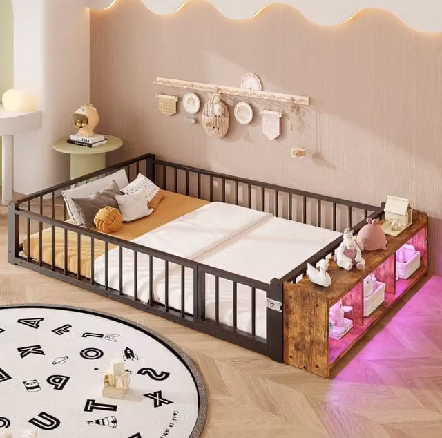 Letto singolo in metallo 140 x 200 cm con spondina di sicurezza e LED, colore nero