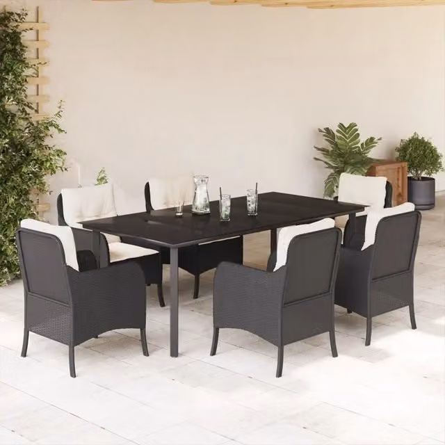 Set da pranzo da giardino vidaXL in polyrattan nero e bianco con tavolo in vetro e 7 pezzi – 1