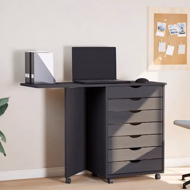 Armoire roulante avec bureau MOSS gris bois de pin solide