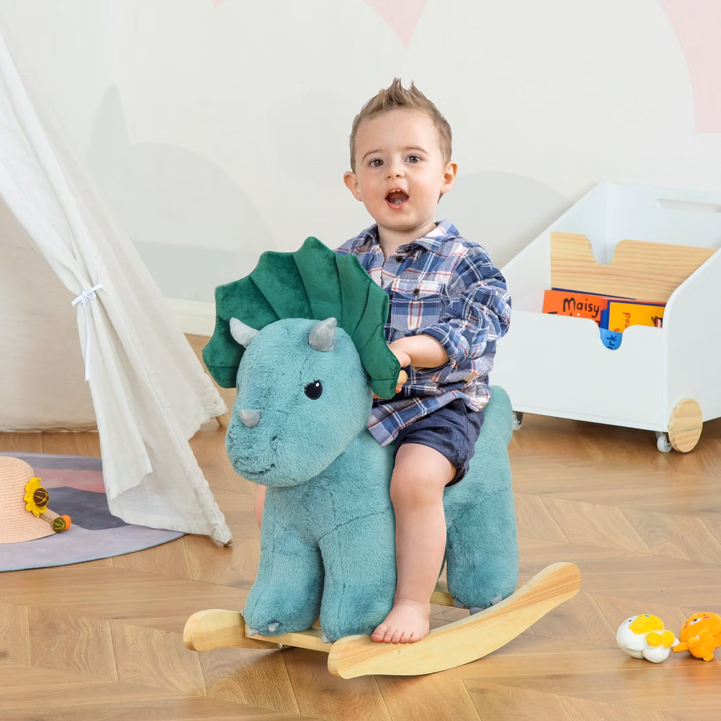 Cavallo a dondolo Triceratopo HOMCOM con suoni per bambini, verde scuro – 2