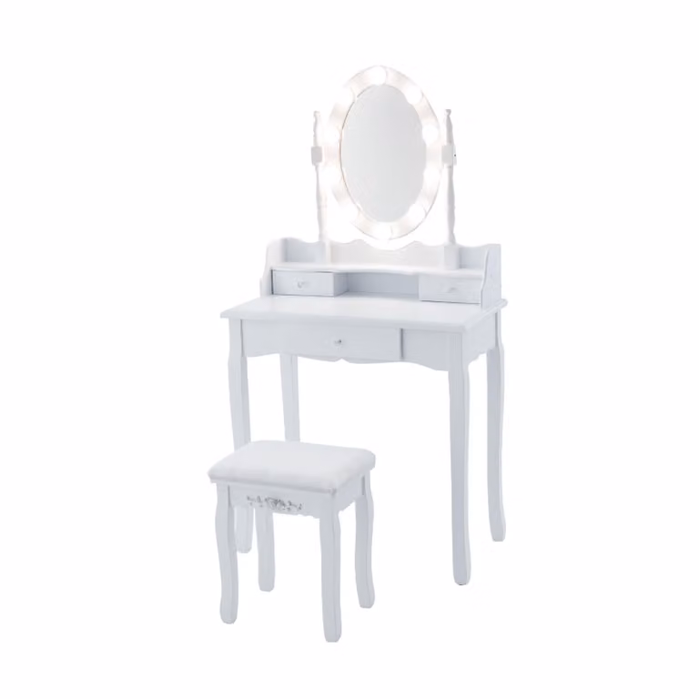 Tavolino da toilette COSTWAY con sgabello, specchio girevole a 360°, 10 lampadine LED dimmerabili e piano d'appoggio rimovibile, tavolino da toilette, tavolino cosmetico 75x40x146cm Bianco