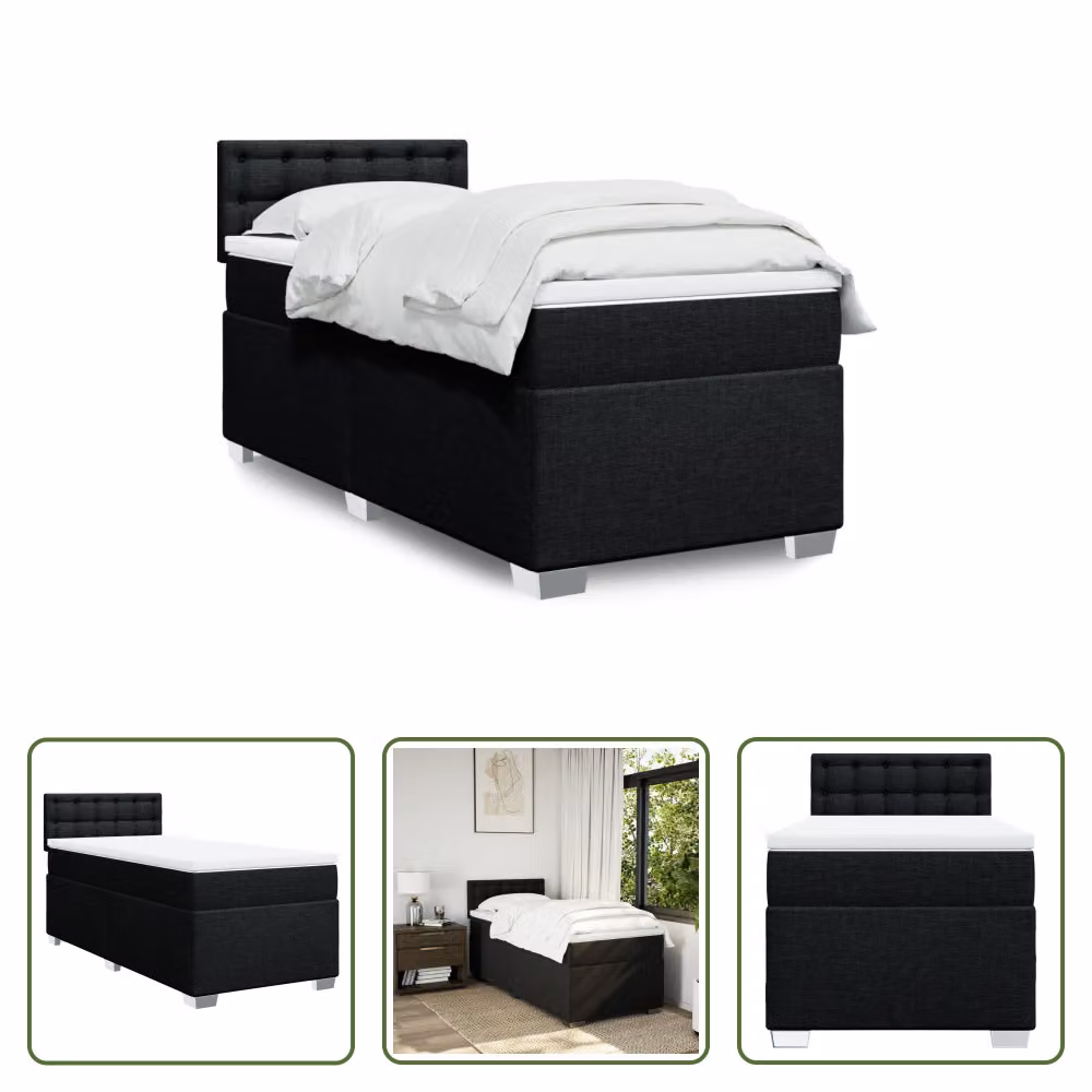 The Living Store Letto a molle con materasso nero 90x190 cm in tessuto