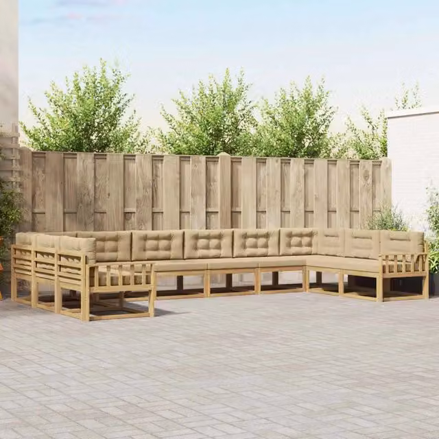 Set di divani da esterno a forma di U vidaXL in legno di acacia con cuscini Bianco e Beige – 1