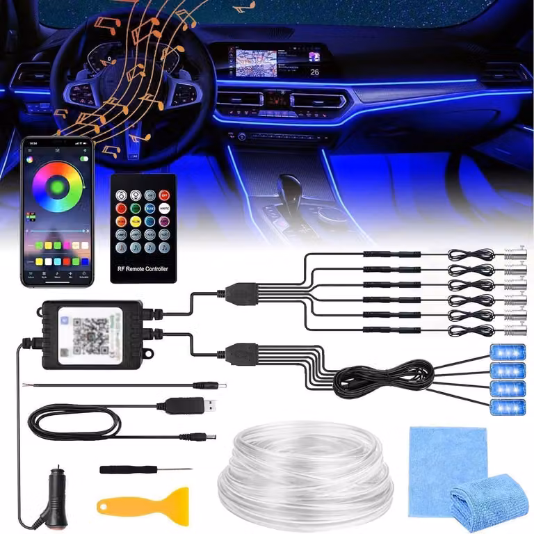 Illuminazione interna per auto a LED, 6 metri, luce d'ambiente RGB, controllo tramite app e telecomando, illuminazione del vano piedi, 12V
