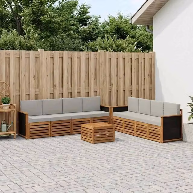 Set di divani da esterno vidaXL in legno di acacia con tavolino da giardino, 9 pezzi, Beige e Grigio – 1