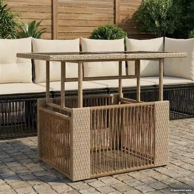Tavolo da giardino rettangolare vidaXL in polyrattan beige con piano in vetro e altezza regolabile L: 100 cm, P: 55 cm, H: 37 cm