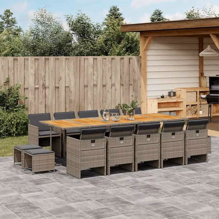 vidaXL Set da Pranzo da Giardino 15 pz in Polyrattan e Legno di Acacia con Cuscini Grigio e Marrone