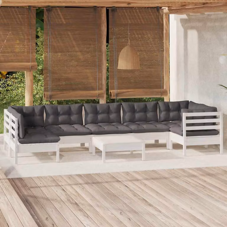Set Divani da Giardino vidaXL 8 pz in Legno di Pino con Cuscini Bianchi e Antracite, Design Moderno a L con Elementi Angolari e Ottoman