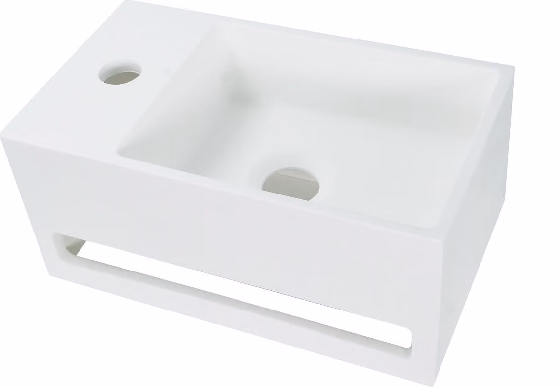 Lavabo in superficie solida + supporto per asciugamani, foro per rubinetto a sinistra, dimensioni 36x20x16 cm