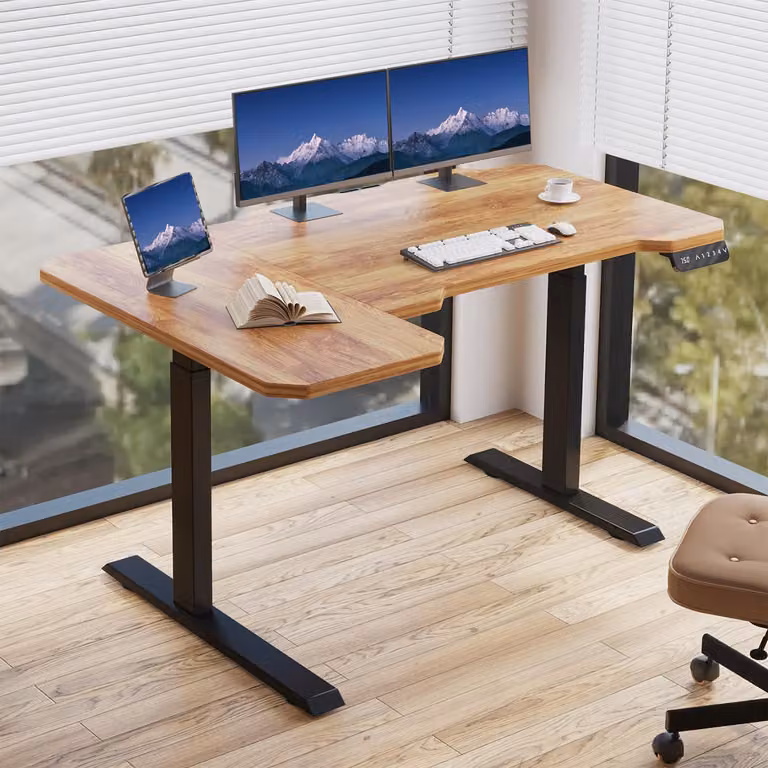 Hilodesk 150cm l-desk scrivania ad angolo regolabile elettricamente in altezza, con due motori, scrivania a forma di l in piedi, con controllo a 4 memorie, Marrone