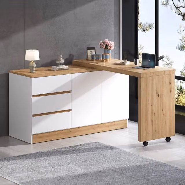 Scrivania pieghevole multifunzionale con 2 porte, 3 cassetti e ruote con freno, bianco e rovere, 120 × 50 × 78 cm