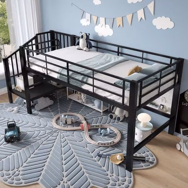 Letto a soppalco 90 × 200 cm con scala contenitore, senza materasso, per bambini, metallo nero