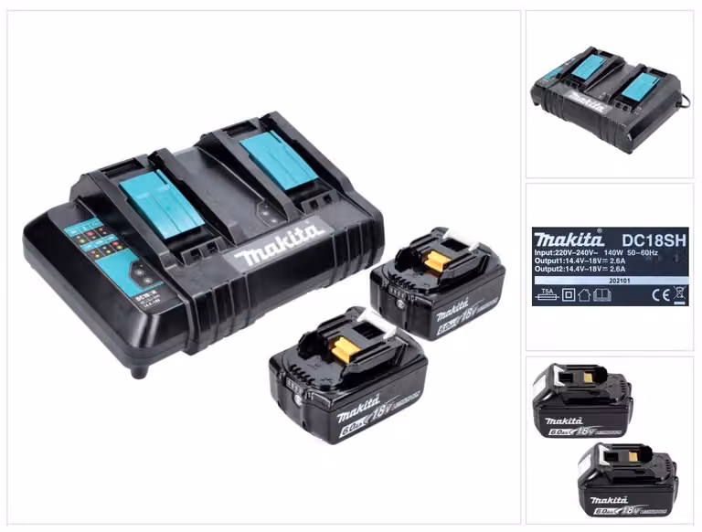 Kit di alimentazione Makita 18 V con 2x batteria BL 1860 B 6,0 Ah ( 197422-4 ) + caricabatterie doppio DC 18 SH ( 199687-4 )