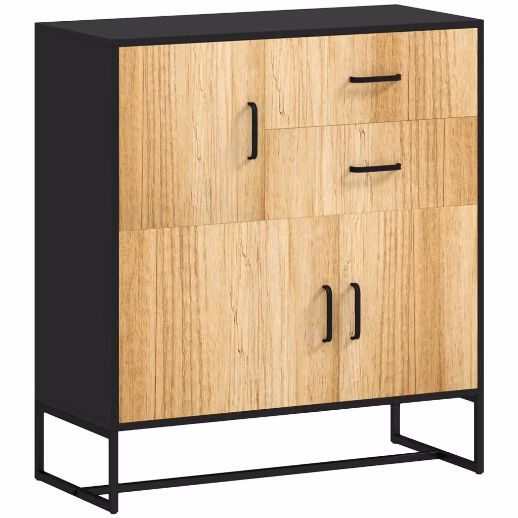 Credenza Minimal con 3 Armadietti e 2 Cassetti, Colore Nero e Legno, L 80 cm x P 35 cm x H 85 cm – 2