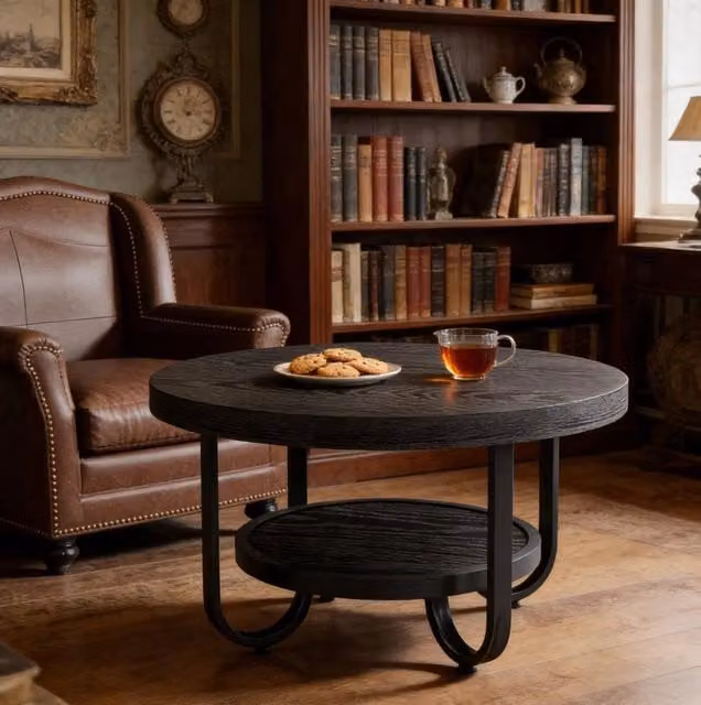 Tavolino da salotto rotondo ULEVR a 2 livelli con piano da 79 cm e ripiano inferiore da 50 cm, MDF e metallo nero