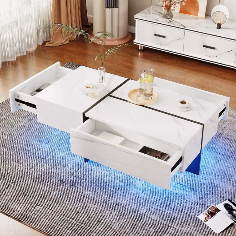 Tavolino da salotto dal design moderno, bianco lucido con dettagli neri e finitura effetto marmo