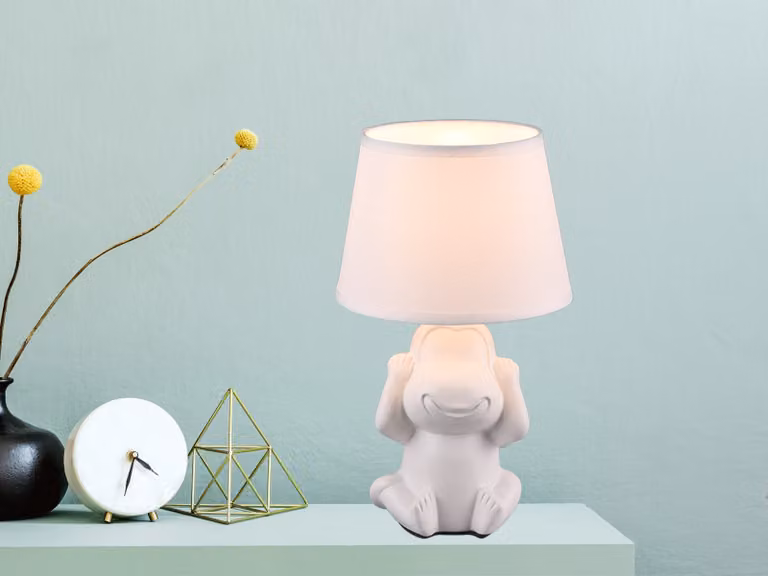 Lampada da tavolo in Vetroceramica NILSON Scimmia che non sente nulla Paralume in tessuto bianco 27 cm