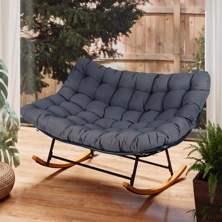 Poltrona dondolo papasan doppia Costway per 2 persone, divano oversize ovale per esterno e interno, Grigio scuro