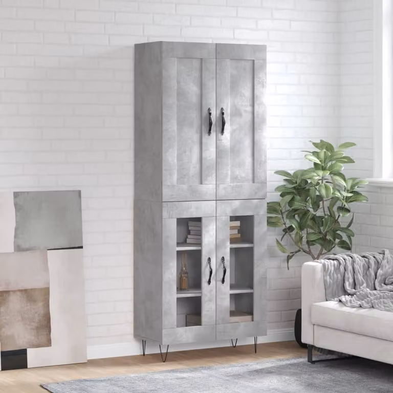 Credenza moderna vidaXL in legno multistrato e metallo, colore grigio cemento, L 69,5 cm x P 34 cm x H 180 cm
