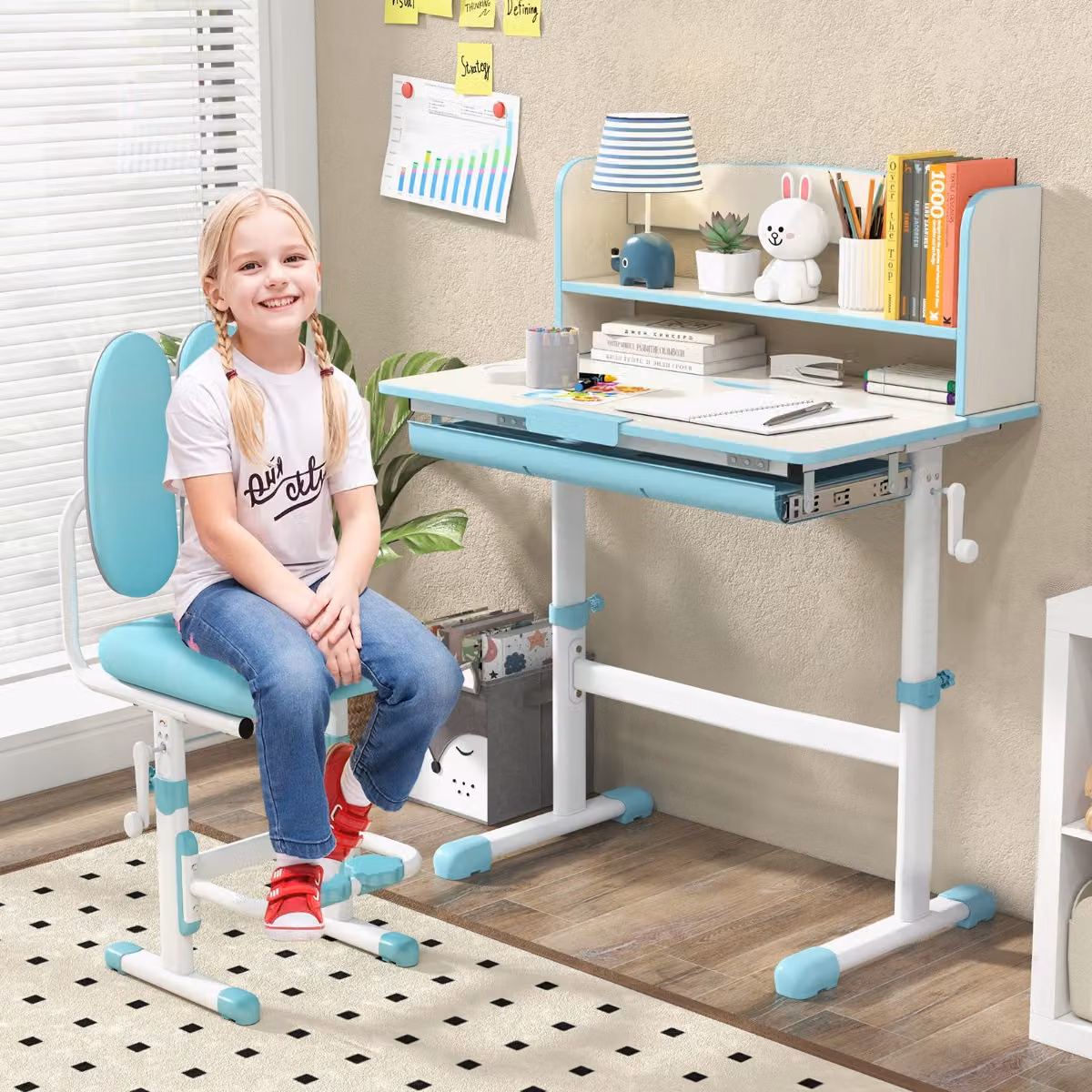 Scrivania da studio per bambini Costway con piano inclinabile e altezza regolabile, Blu