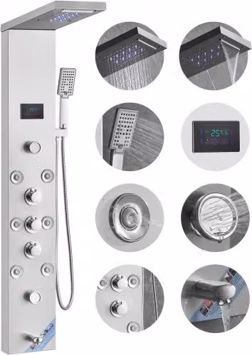 Sistema di pannelli doccia VEVOR in acciaio inox color argento con 6 modalità, LED, schermo idroelettrico, funzioni pioggia e idromassaggio, doccetta e bocca vasca, montaggio a parete