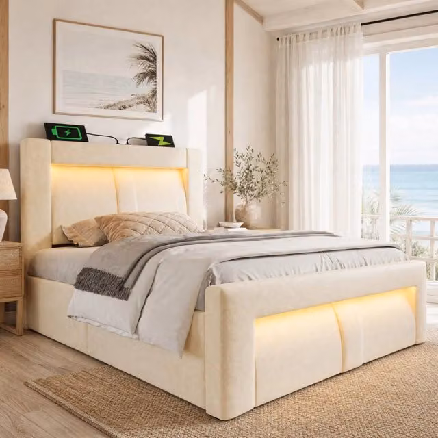 Letto Singolo REDOM in Velluto Beige con Illuminazione LED, Porte USB/Type-C e Contenitore a Sollevamento, L/P: 90 x 200 cm – 1