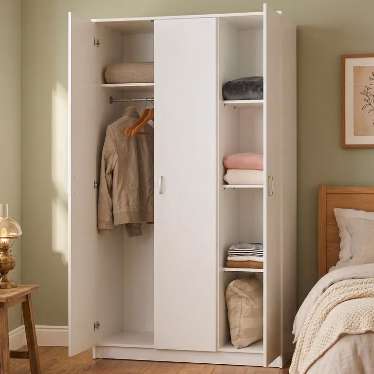 Dmora Guardaroba 3 Ante Licodia 120x52 cm Bianco, Appendiabiti 4 Ripiani