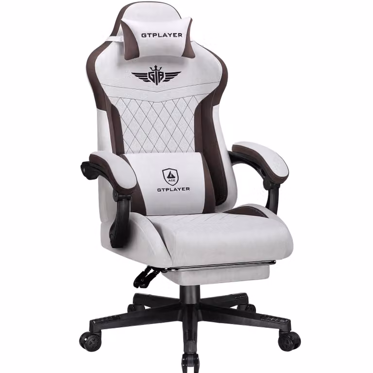 Sedia da gioco GTPLAYER, sedia da gioco ergonomica in tessuto con supporto lombare, sedia per PC con schienale allargato, portata fino a 150 kg, marrone