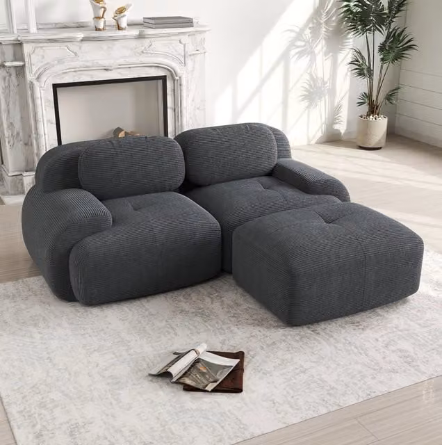 Divano angolare modulare senza montaggio in corduroy grigio