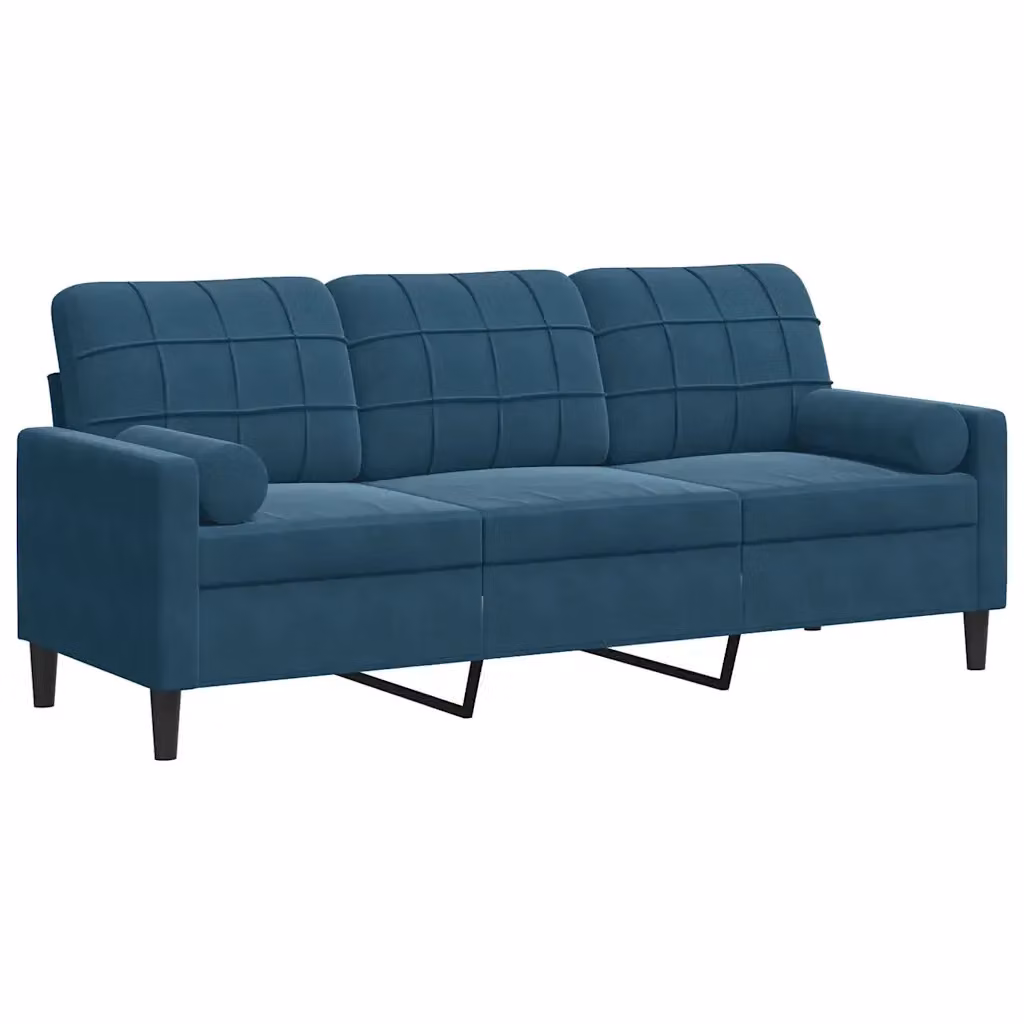 vidaXL Divano a 3 Posti Moderno in Velluto Blu con Cuscini e Rivestimenti Rimovibili L: 197 cm, P: 80 cm, H: 77 cm – 2