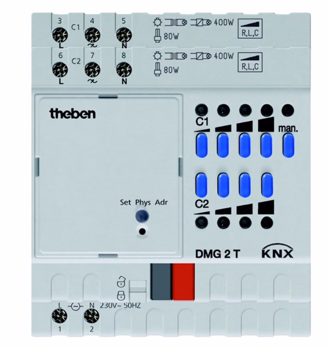 Theben DMG 2 T Attuatore dimmerabile universale a 2 posizioni KNX, modulo base della serie MIX2, 2 canali