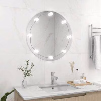 Specchio per vanità AIORBER con LED, rotondo, con connessione USB, due colori di luce, per camera da letto, corridoio, diametro 70 cm, argento