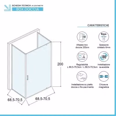 Box doccia angolare Ted con porta a battente serigrafata e vetro trasparente L 70 cm, P 70 cm, H 200 cm – 2
