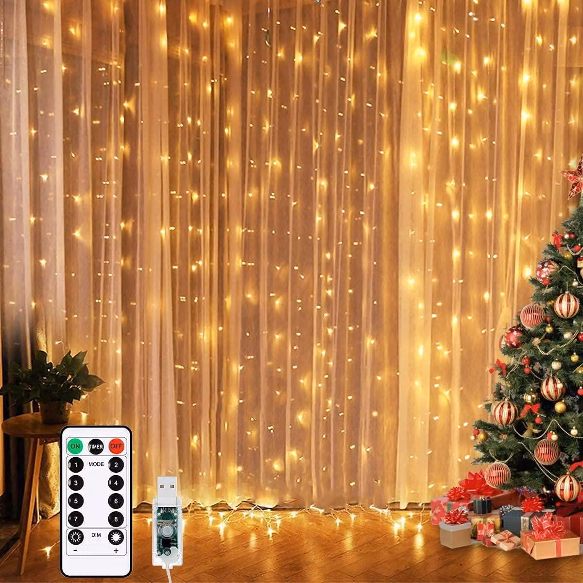 Luci a LED a cascata, dimensioni 3x3 metri, 300 LED, luce bianco caldo, alimentazione USB, con telecomando