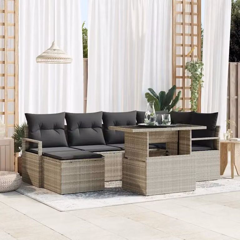 Set Divano da Giardino a L vidaXL in Polyrattan Grigio con Cuscini e Tavolino, 7 Pezzi