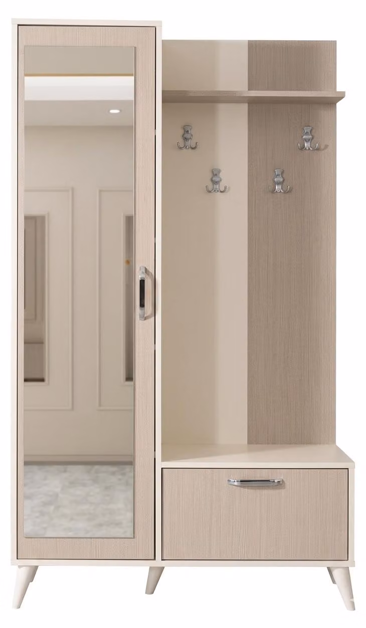 Armadio in legno color beige con specchio e cassetti, ideale per l'ingresso
