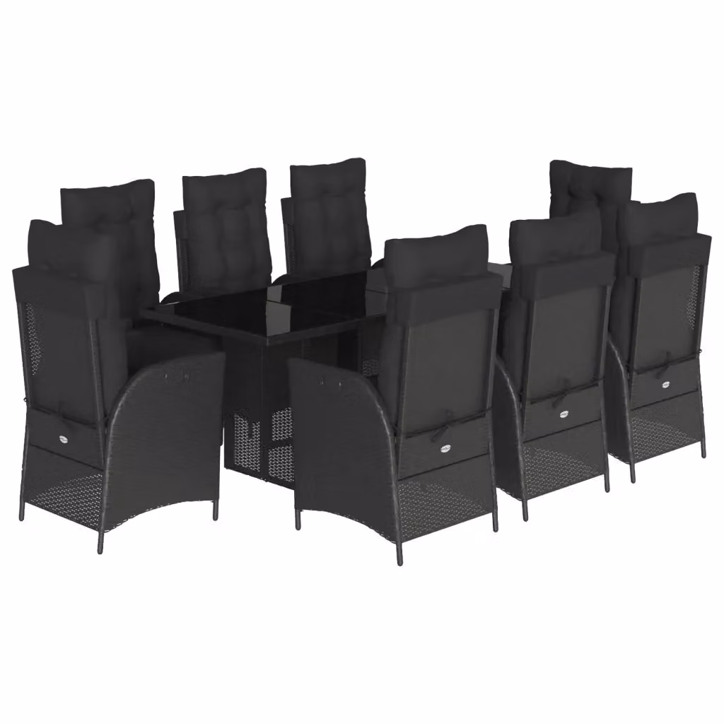 Set da pranzo da giardino vidaXL in polyrattan nero con cuscini e tavolo in vetro, 9 pezzi – 2