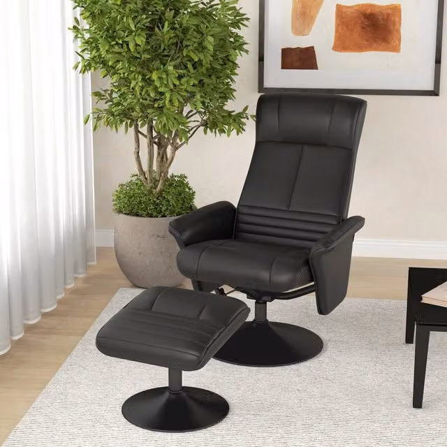 Poltrona relax girevole WISHDOR con poggiapiedi, reclinabile, rivestimento in tessuto e similpelle nero con struttura in metallo