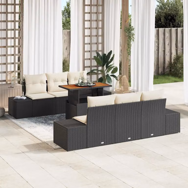 Set Divano da Giardino vidaXL in 7 Pezzi in Polyrattan Nero con Cuscini e Contenitore per Archiviazione