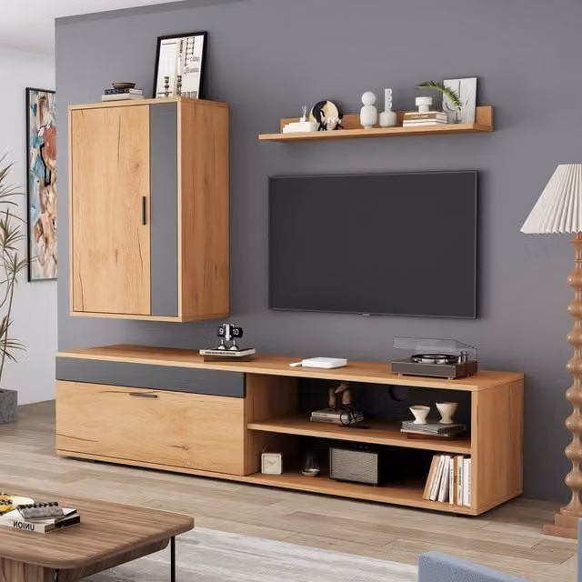 Mobile porta TV moderno OKWISH per soggiorno con 2 ante e 2 vani aperti, finitura legno e nero, L 140 cm x P 35 cm x H 39 cm
