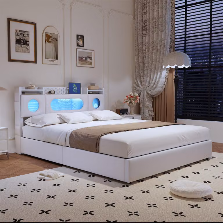 UnboxG Letto imbottito 160×200 con prese di corrente e illuminazione a LED, letto matrimoniale con testata e contenitore idraulico, struttura letto con rete a doghe, letto per ragazzi 140×200, PU, bianco