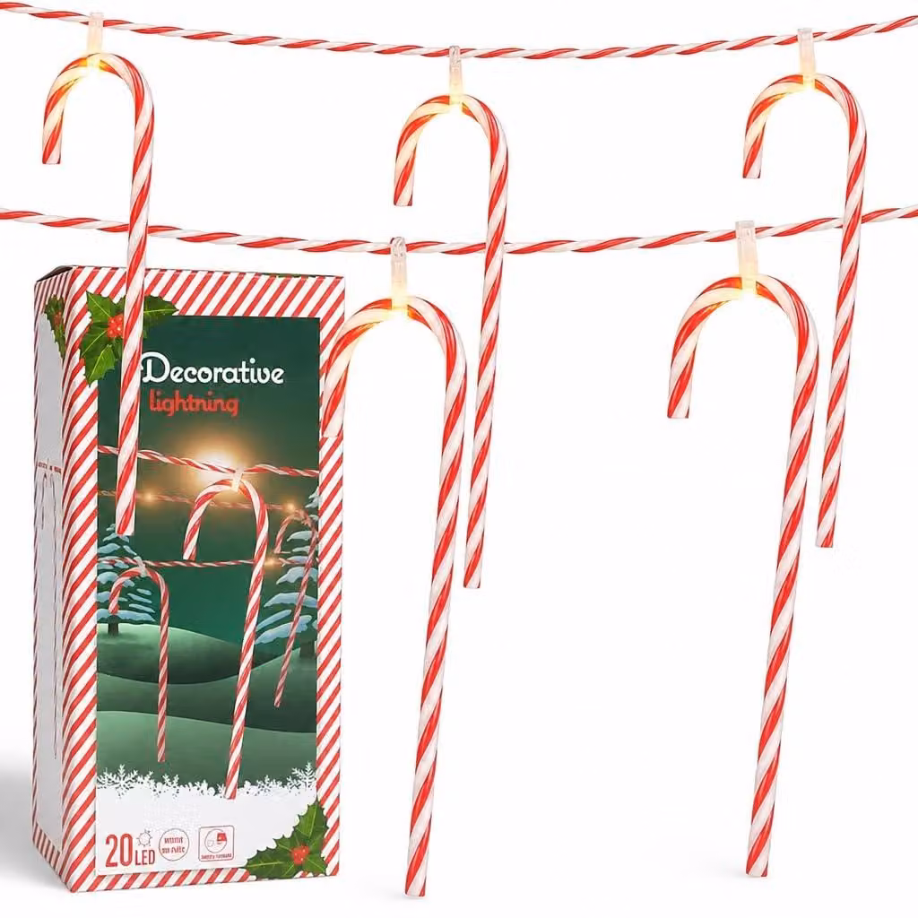 Catena luminosa a LED con decorazioni a forma di bastoncini di zucchero, lunghezza 1,4 metri, luce bianco caldo, 10 pezzi, con timer