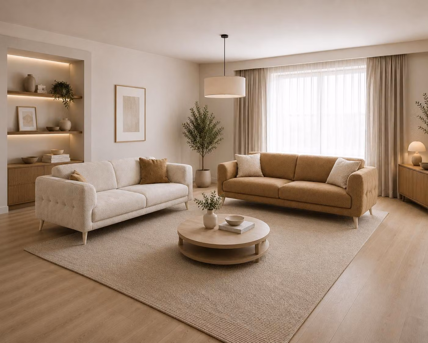 2x 3-Sitzer Sofa Beige Braun Stoff Modern Polstersofa Wohnzimmer Set