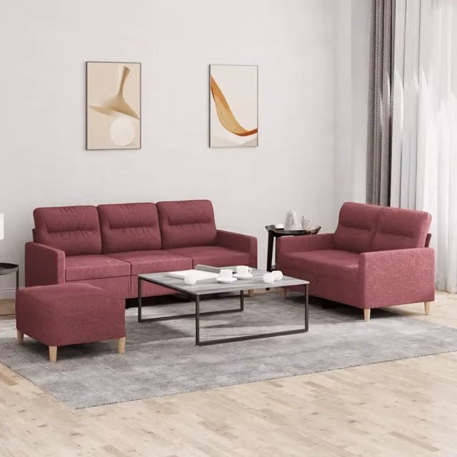 Set di Divani 3 pz con Cuscini Rosso Vino in Tessuto 3201614