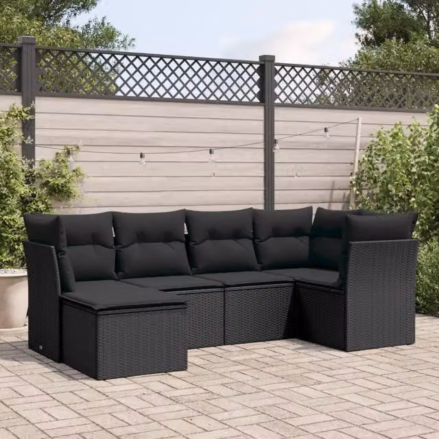 Set Divano da Giardino 6 pz con Cuscini Nero in Polyrattan 3249784
