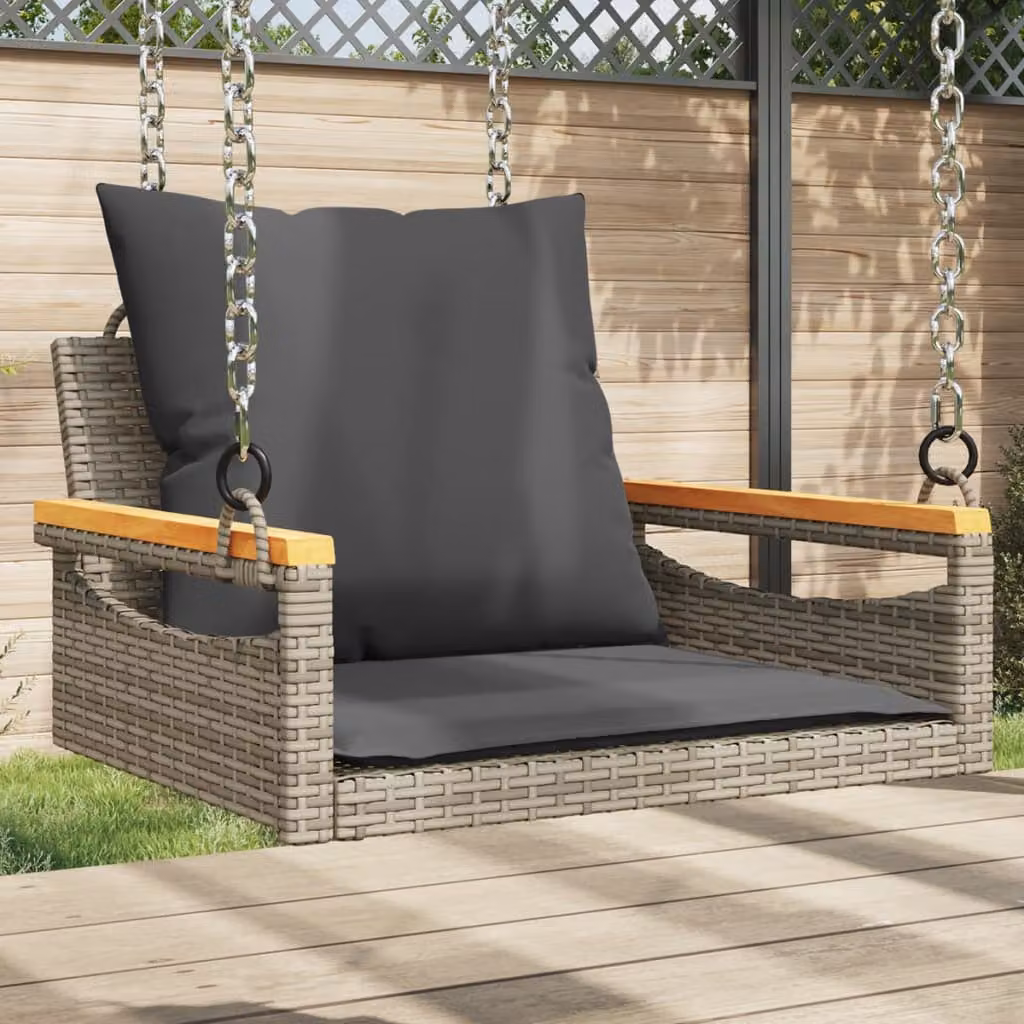 Panchina Dondolo vidaXL in Polyrattan e Legno di Acacia con Cuscini, Grigia, L 63 x P 62 x H 40 cm