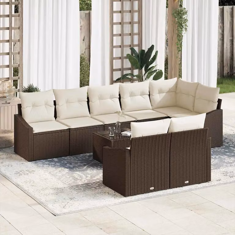 Set Divano da Giardino vidaXL 9 Pezzi a Forma di L con Cuscini Marrone e Beige in Polyrattan e Acciaio