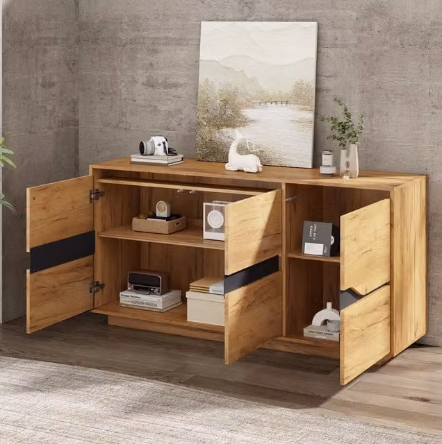 Credenza 140x40x70 cm con 3 ante; divisori regolabili; truciolare; rovere e nero