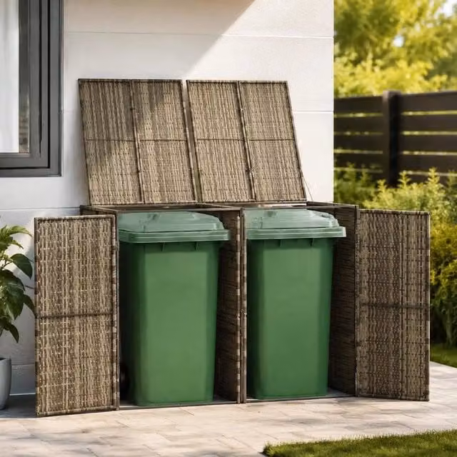 Bin Storage Unit For 2 Bins, Grey, 140x80x117 Cm, Poly Rattan