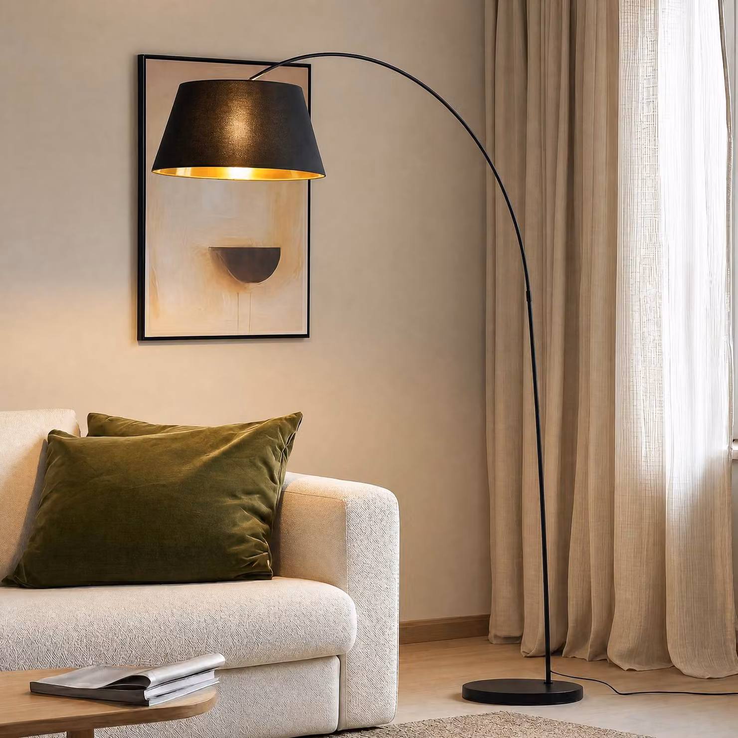 Lampada ad arco Esti Lindby, Nero, Soggiorno / Sala da pranzo, Tessuto / Stoffa / Seta, Moderno, Lampada da terra